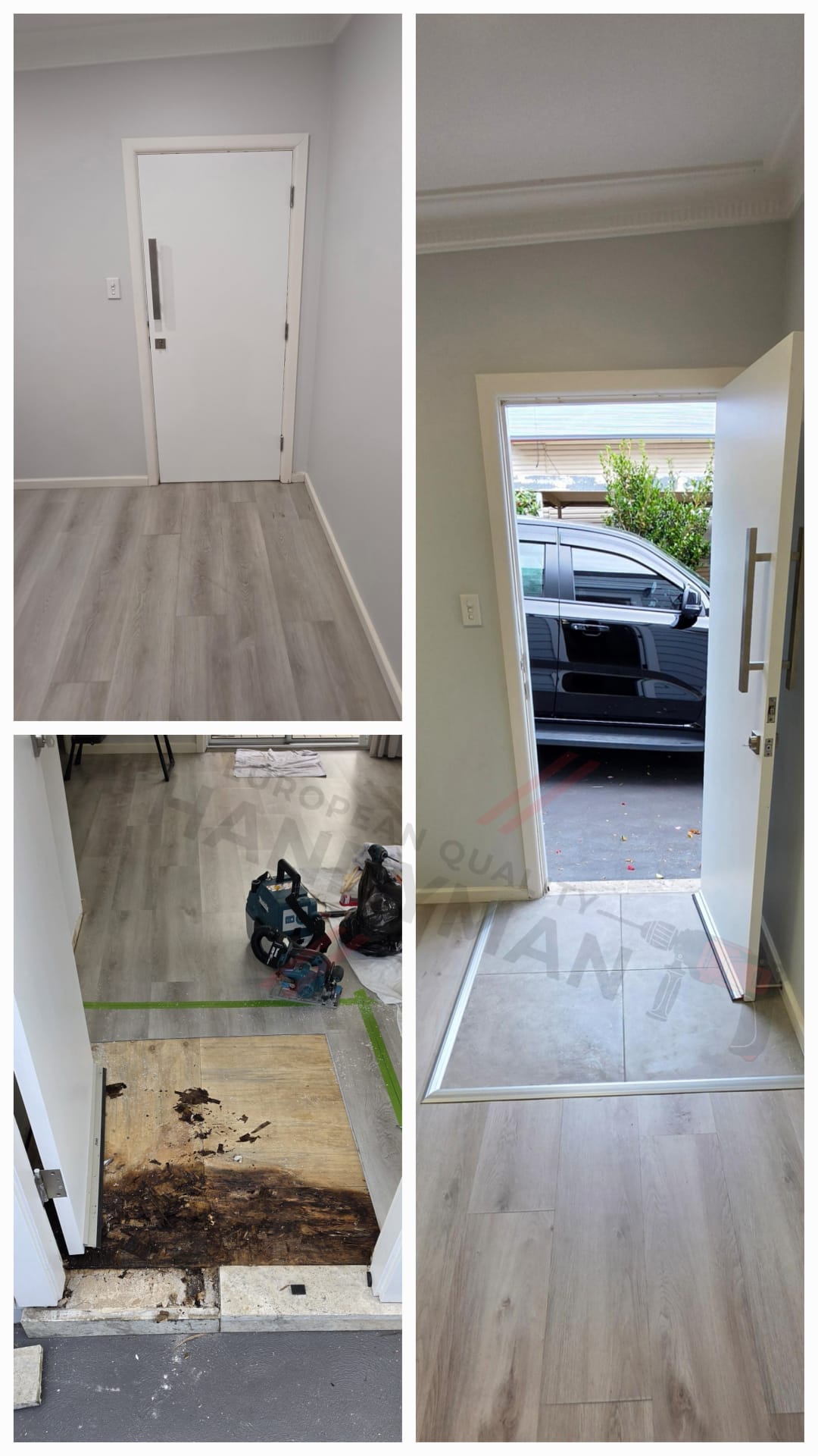 Part of the vinyl flooring around the door area was damaged by water. Damaged area was replaced by tiles.