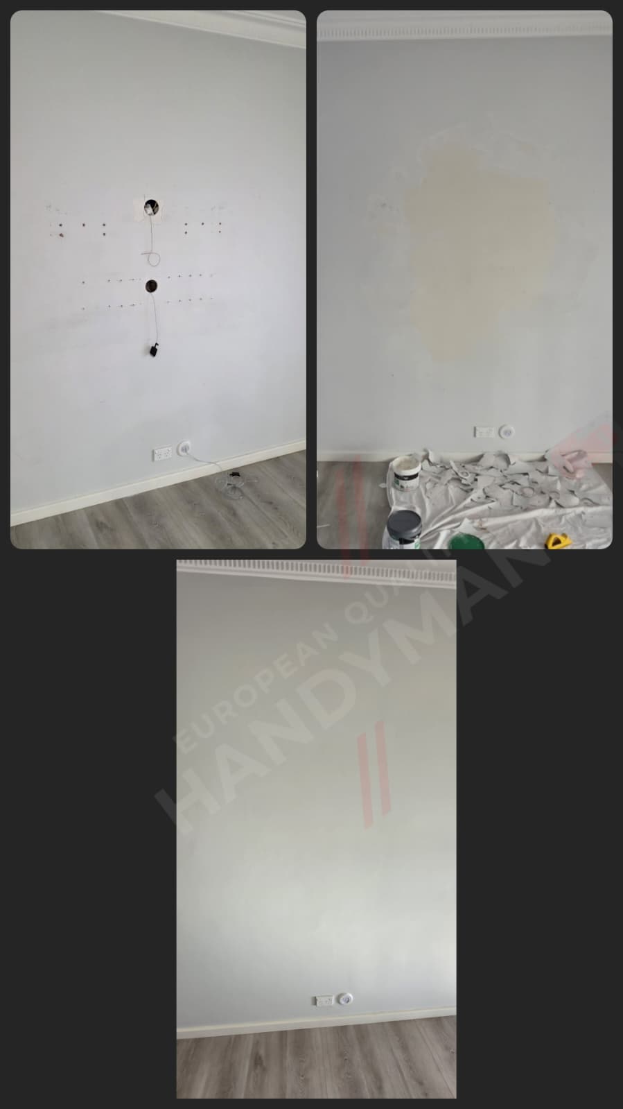 Patched large holes after tv brackets, sand and paint.